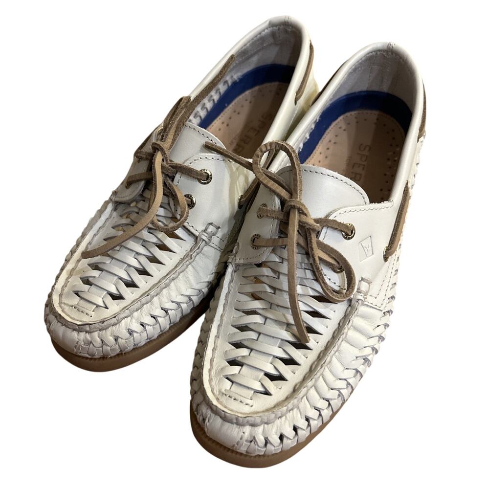 Sperry Authentic Original 2 Eye Woven Boat Shoes 7 Antique White Leather Womens